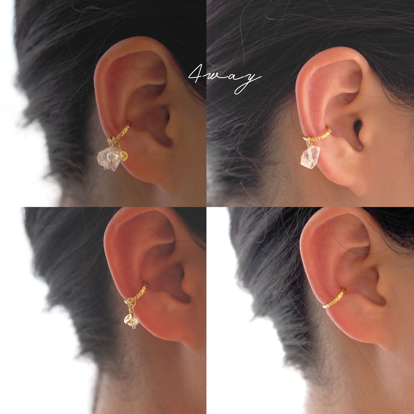 4way｜Ear cuff with raw crystal, freshwater pearl, and alphabet charm of your choice