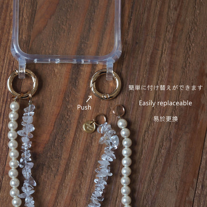 3way | Natural stone crystal x pearl smartphone shoulder | Compatible with all models | 1/2 rows