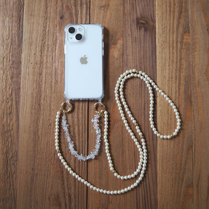 3way | Natural stone crystal x pearl smartphone shoulder | Compatible with all models | 1/2 rows