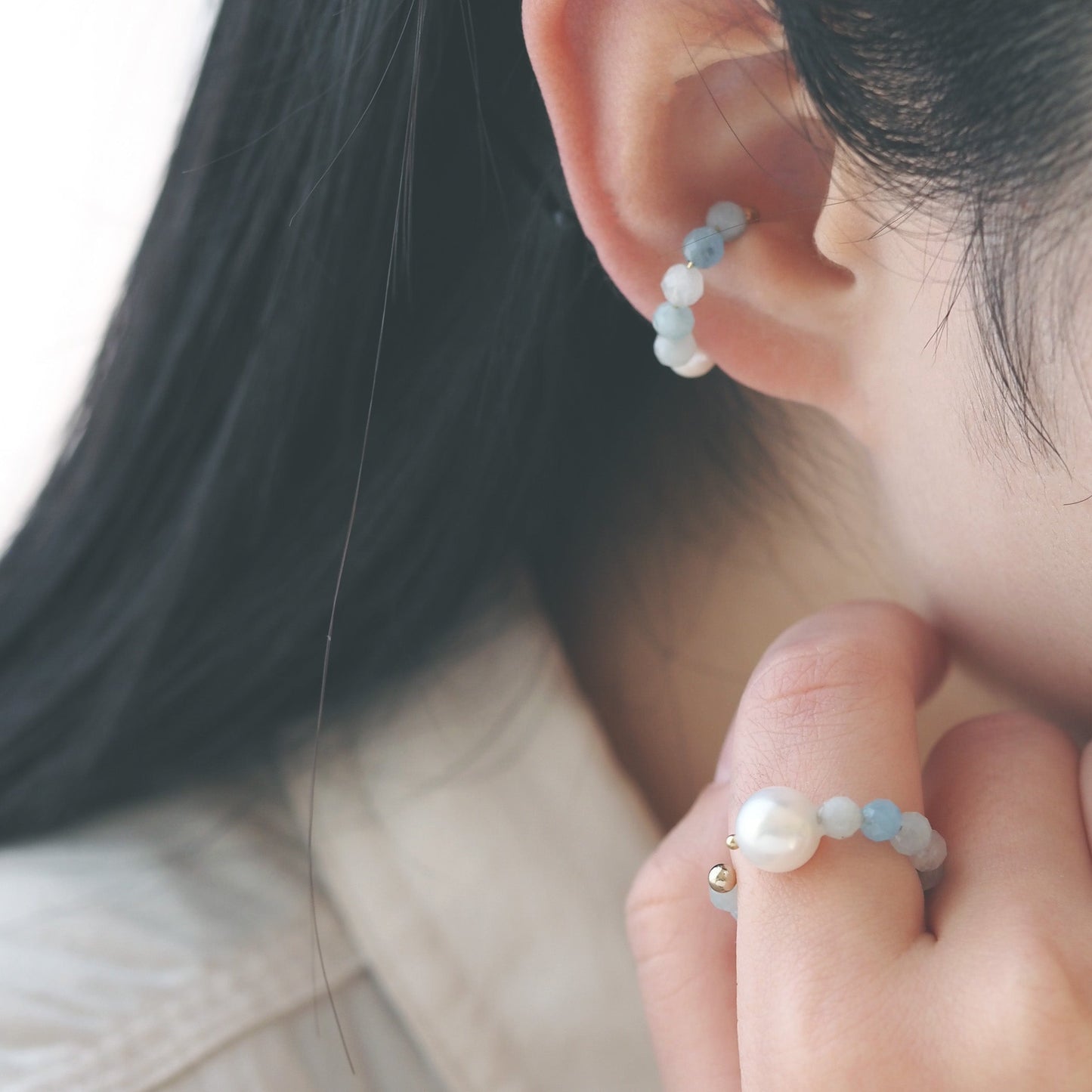 | 2way | Aquamarine x freshwater pearl ear cuff | Copy of March and June birthstones