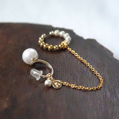 ｜4way｜Pearl x gold twin ear cuff｜Choice of initial charm