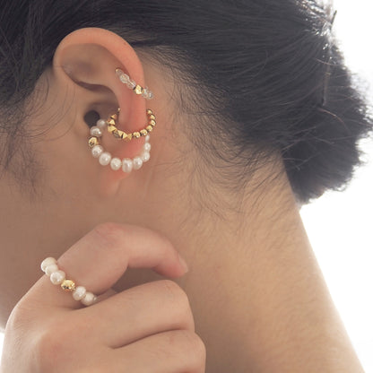 Great deal! 3 sets of ring cuffs and ear cuffs | Large freshwater pearls, Czech beads, gold | June birthstone |