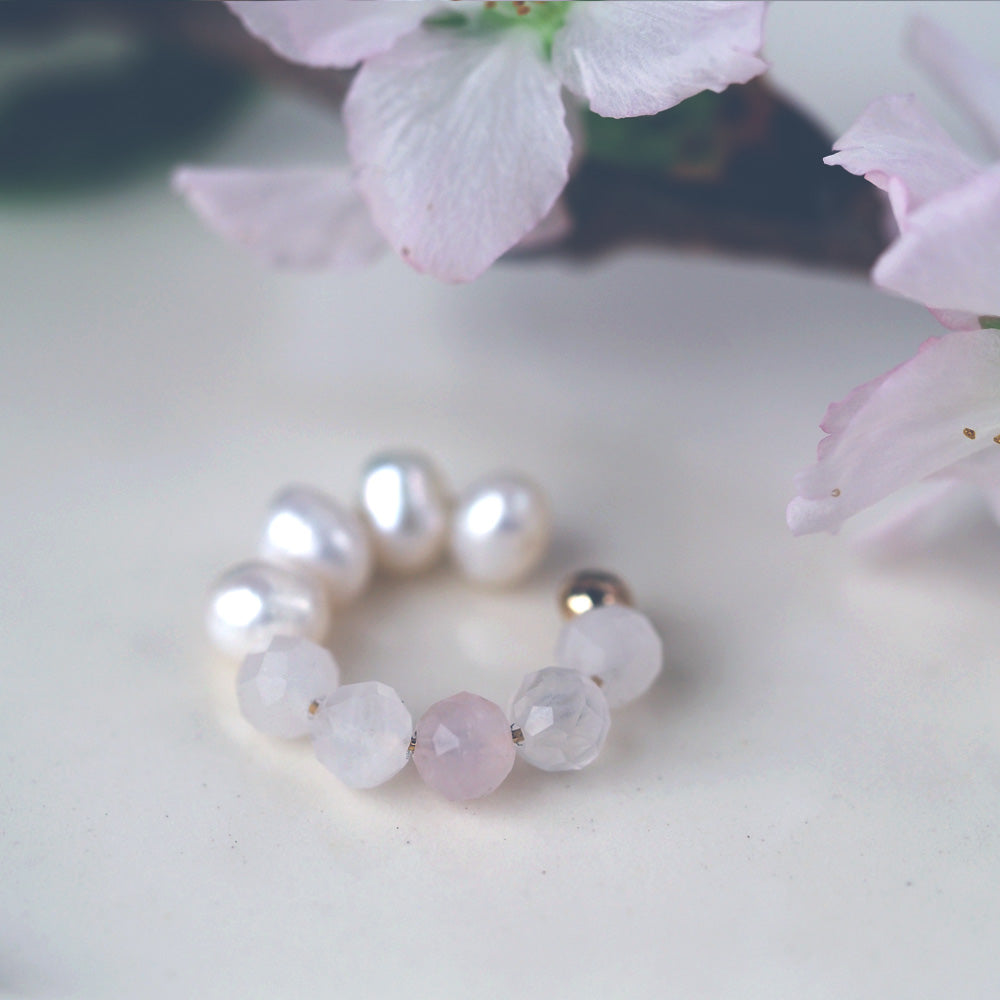 | 2way | Rose quartz x freshwater pearl ear cuff | October and June birthstones