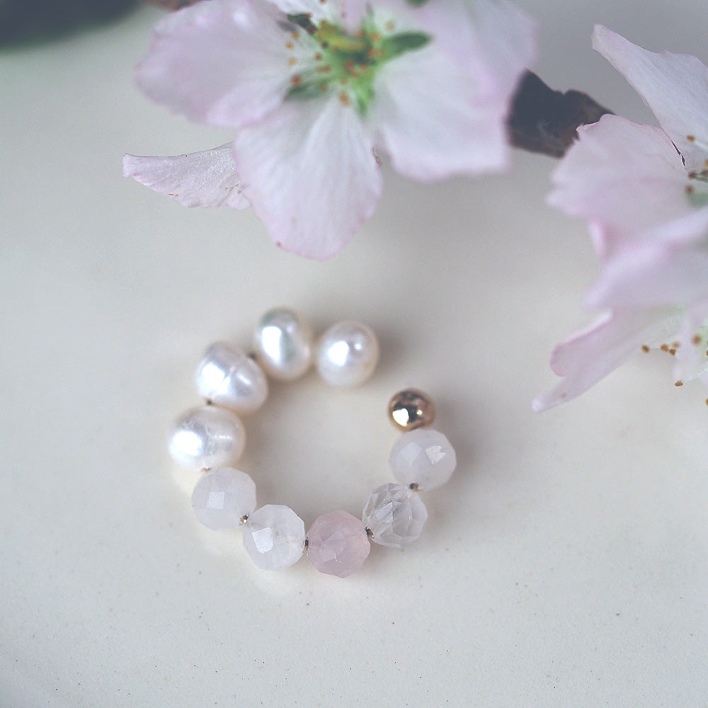 | 2way | Rose quartz x freshwater pearl ear cuff | October and June birthstones