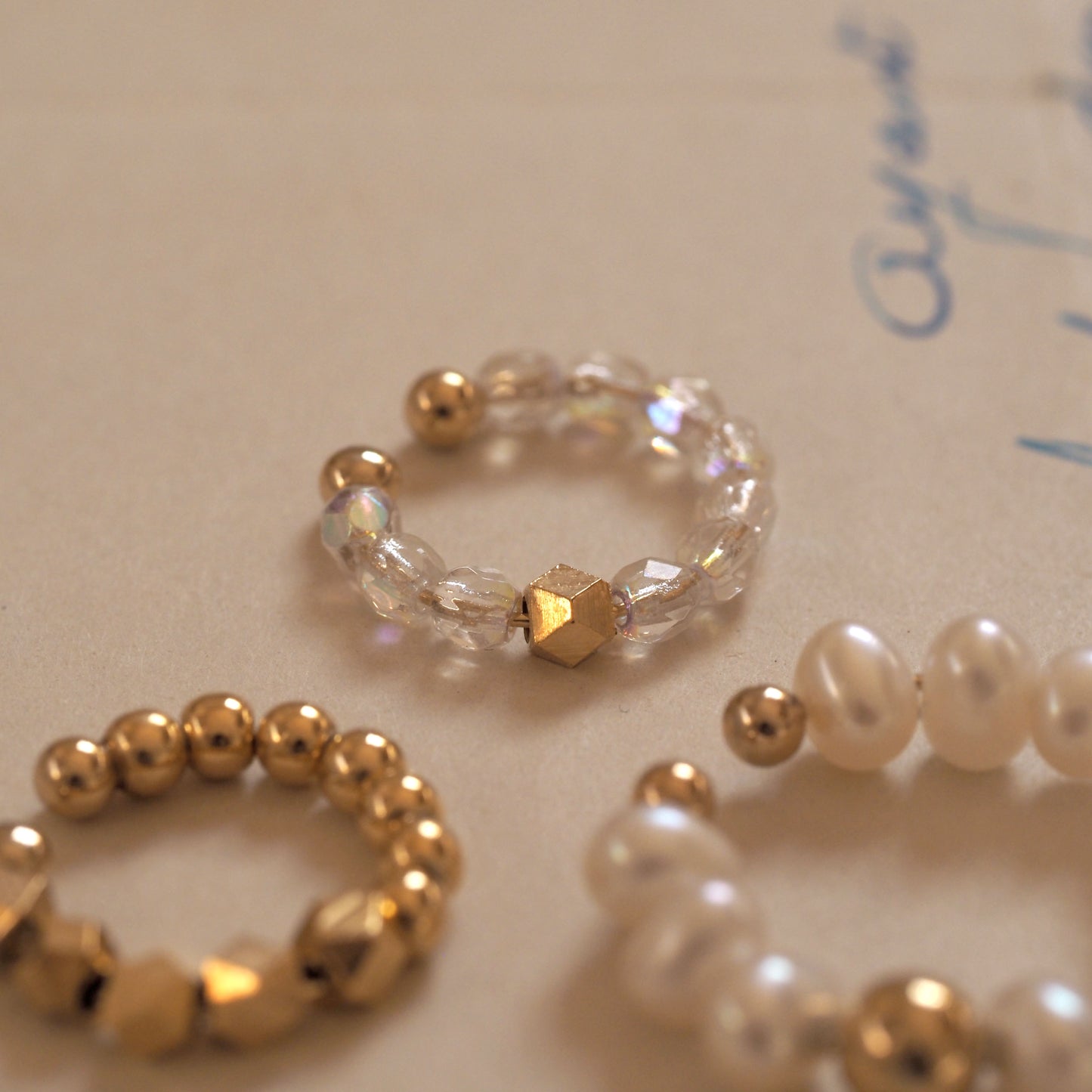 Great deal! 3 sets of ring cuffs and ear cuffs | Large freshwater pearls, Czech beads, gold | June birthstone |