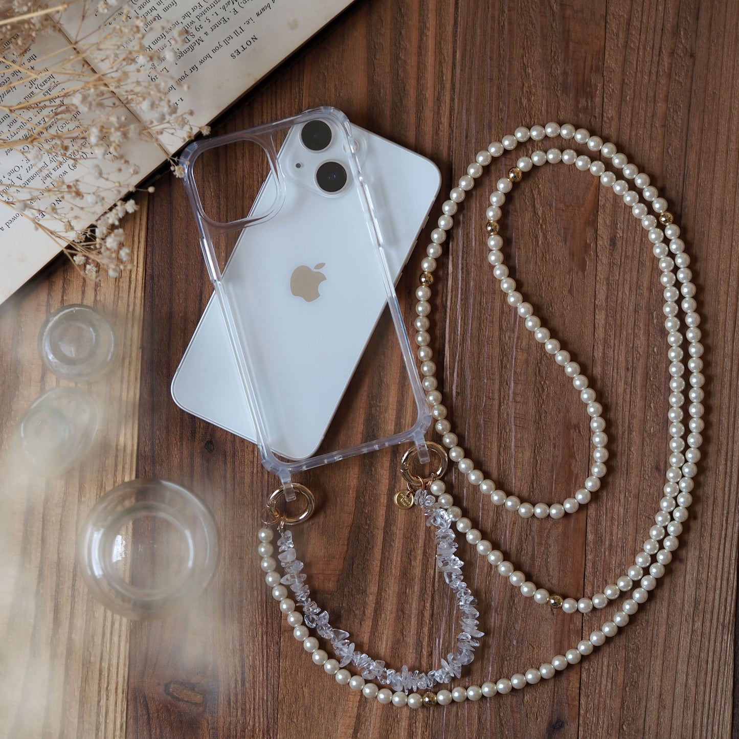 3way | Natural stone crystal x pearl smartphone shoulder | Compatible with all models | 1/2 rows