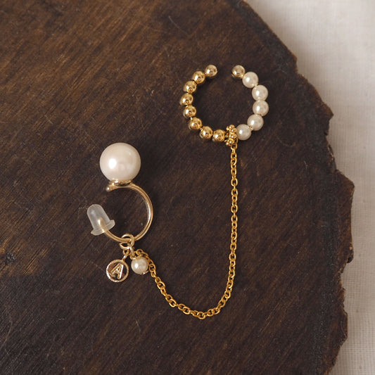 ｜4way｜Pearl x gold twin ear cuff｜Choice of initial charm