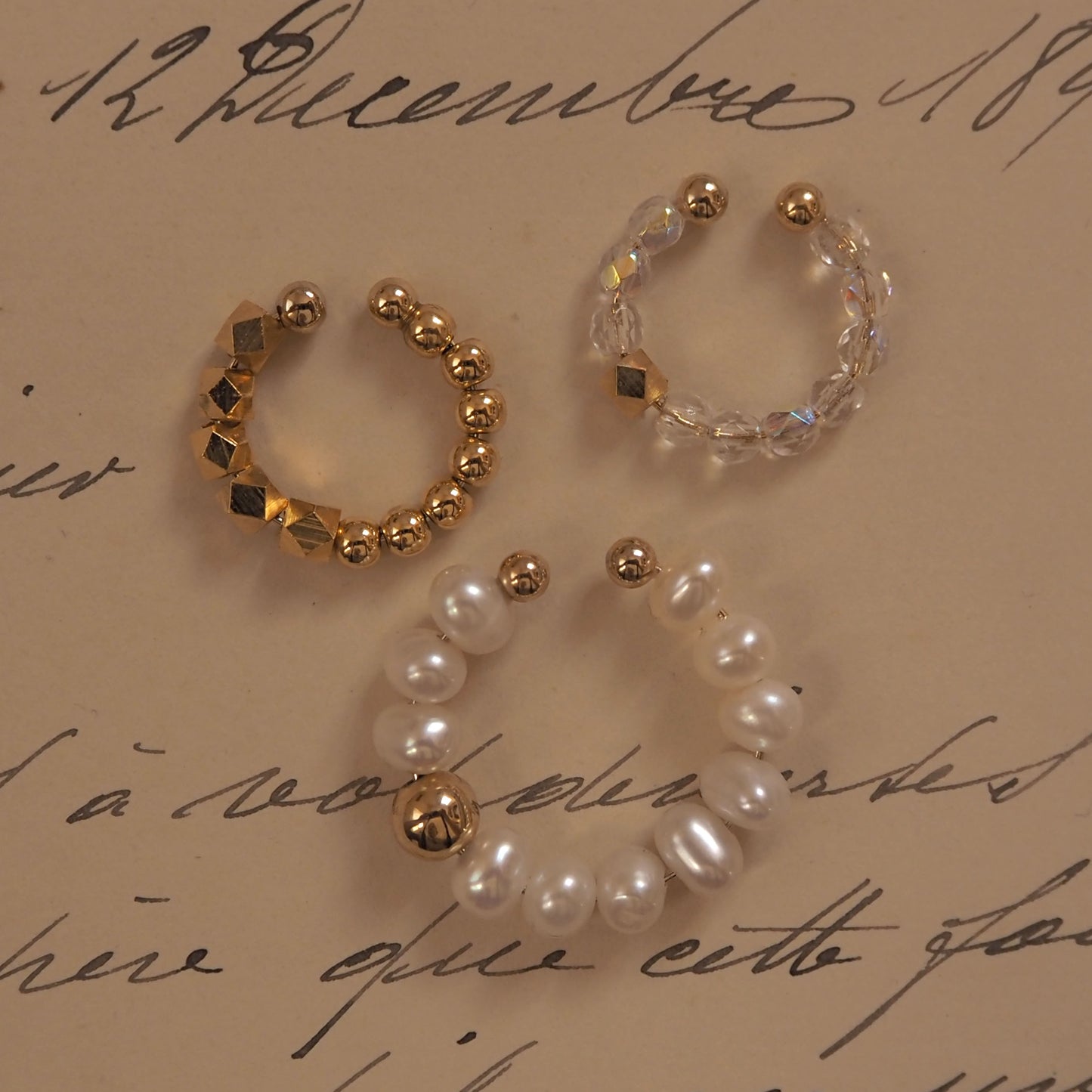 Great deal! 3 sets of ring cuffs and ear cuffs | Large freshwater pearls, Czech beads, gold | June birthstone |